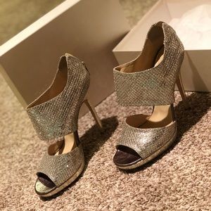 Jimmy Choo wide strap glitter fabric champagne